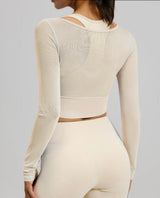 Crop Top Mesh Manches Longues Yoga - Écru