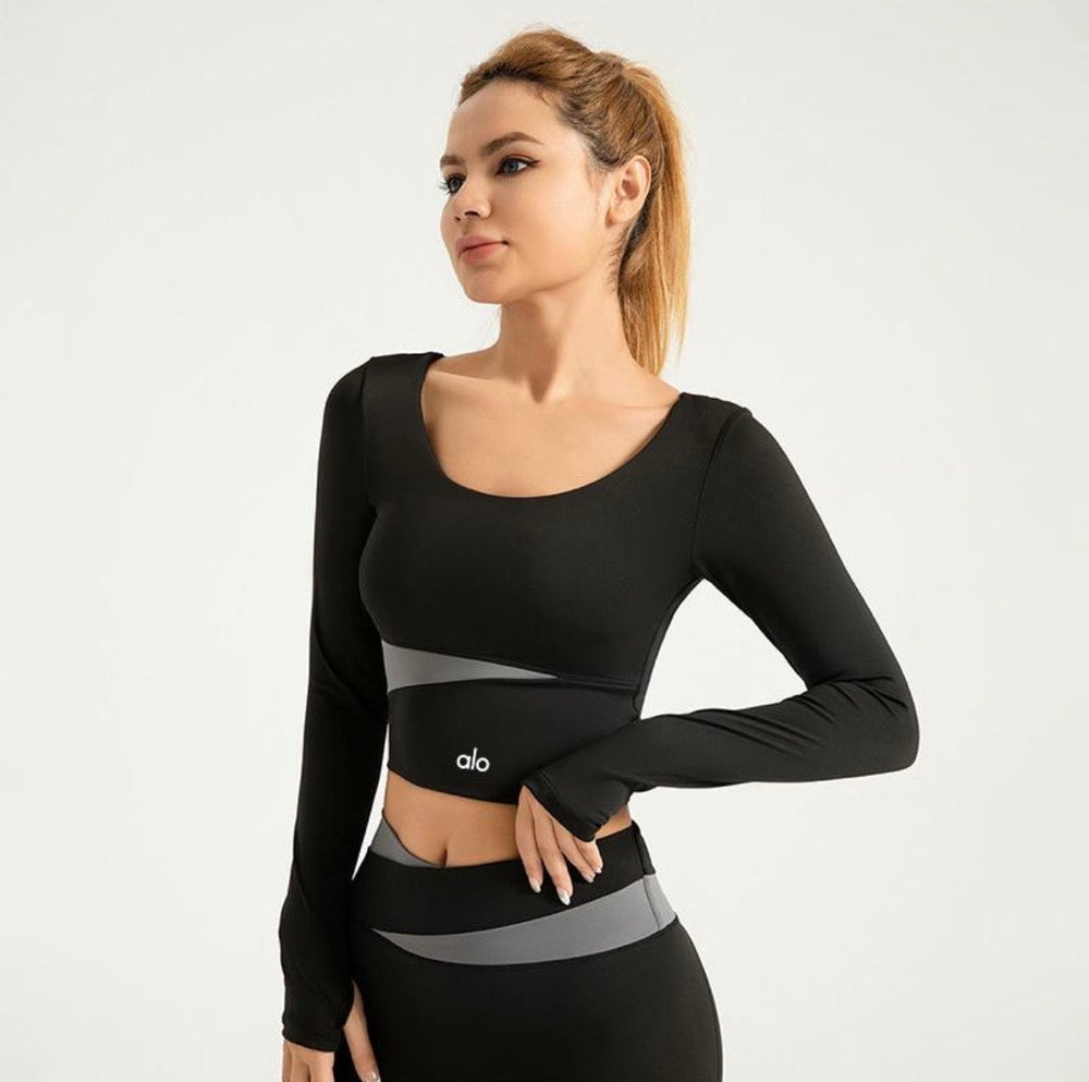 Crop Top Manches Longues Yoga - Noir