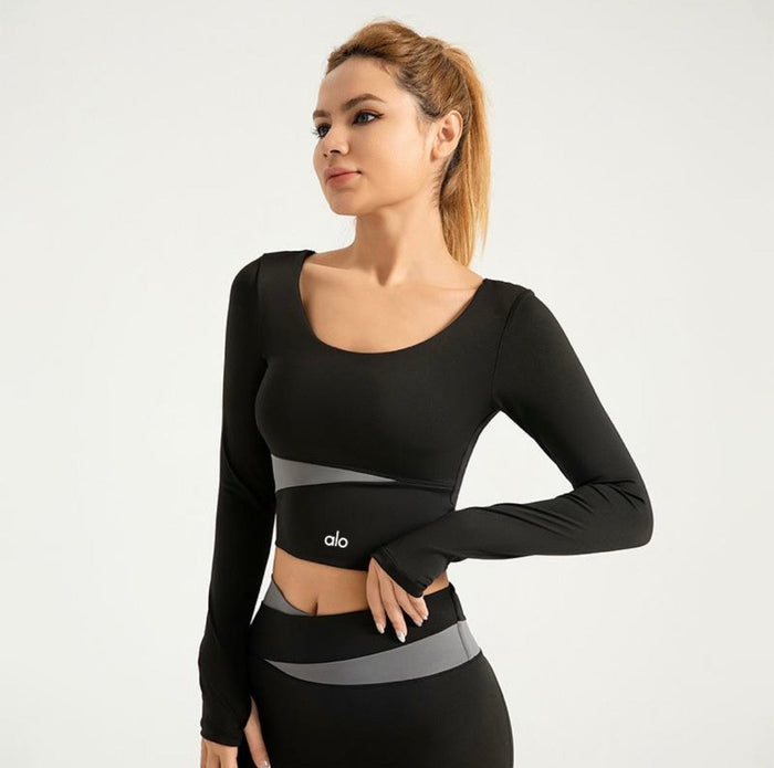 Crop Top Manches Longues Yoga - Noir