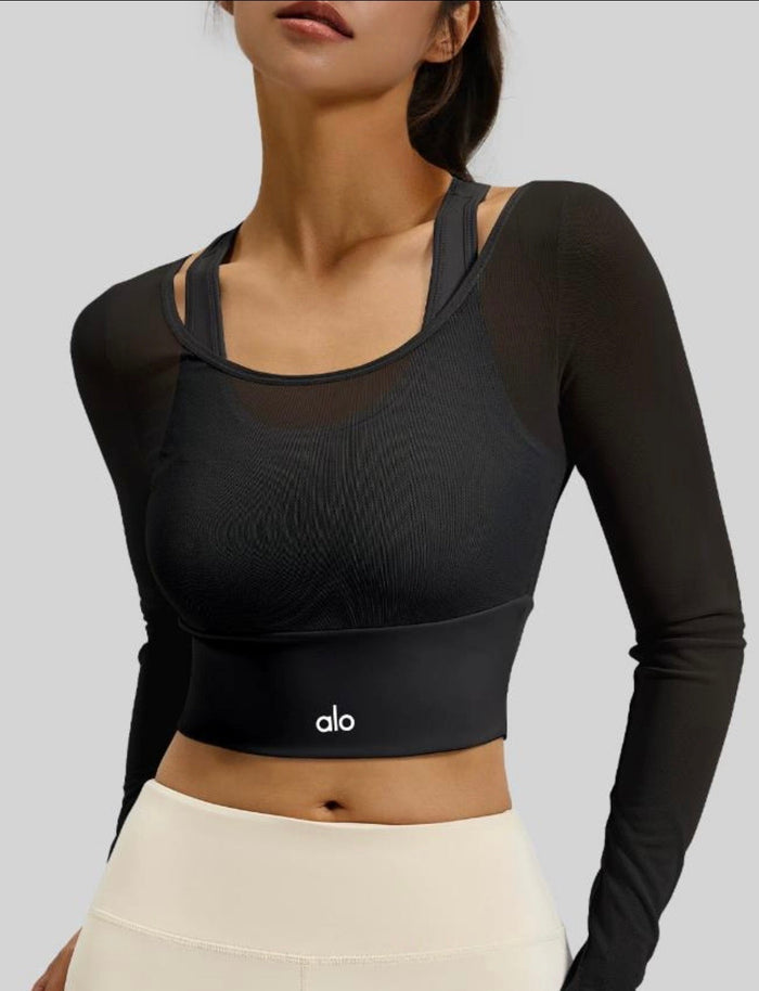 Crop Top Mesh Manches Longues Yoga - Noir
