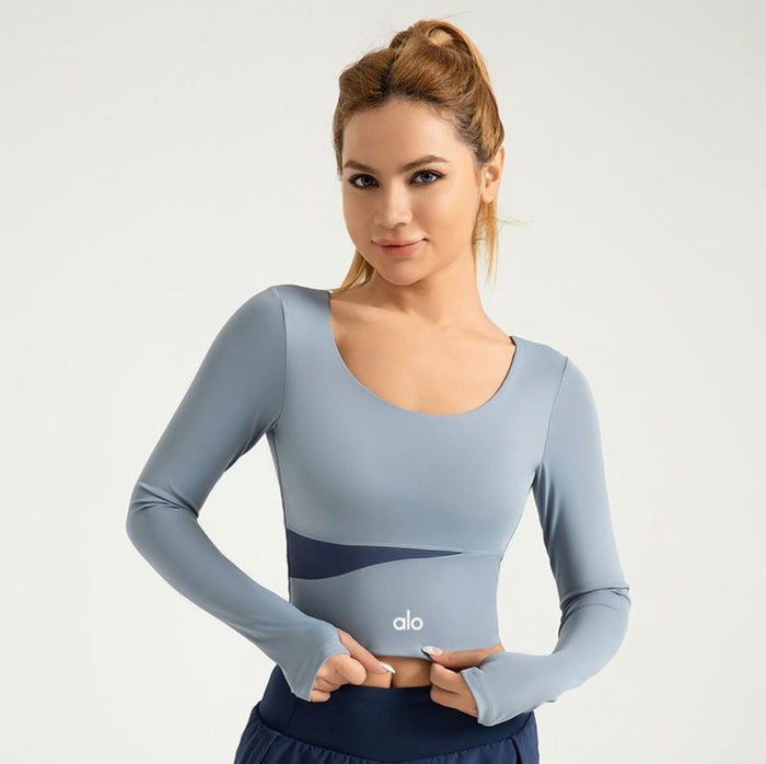 Crop Top Manches Longues Yoga - Bleu Gris